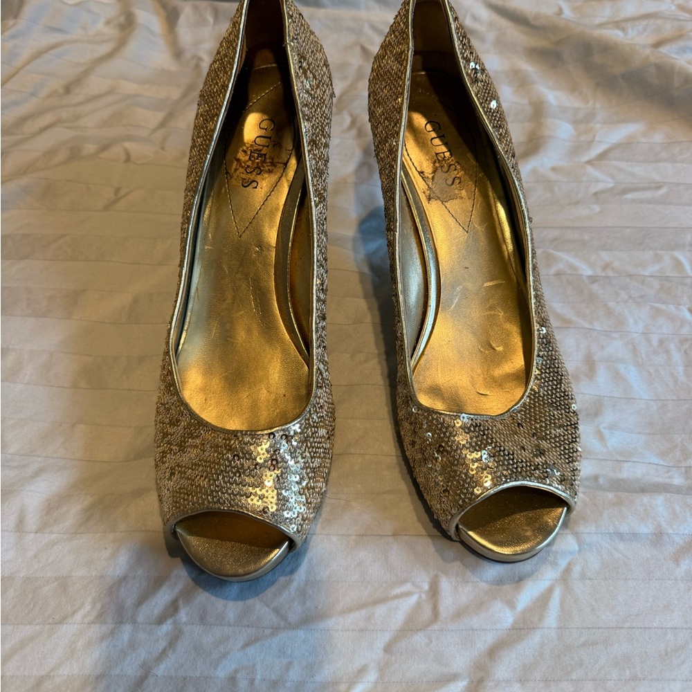Guess Gold Sequin Peep-Toe Heels